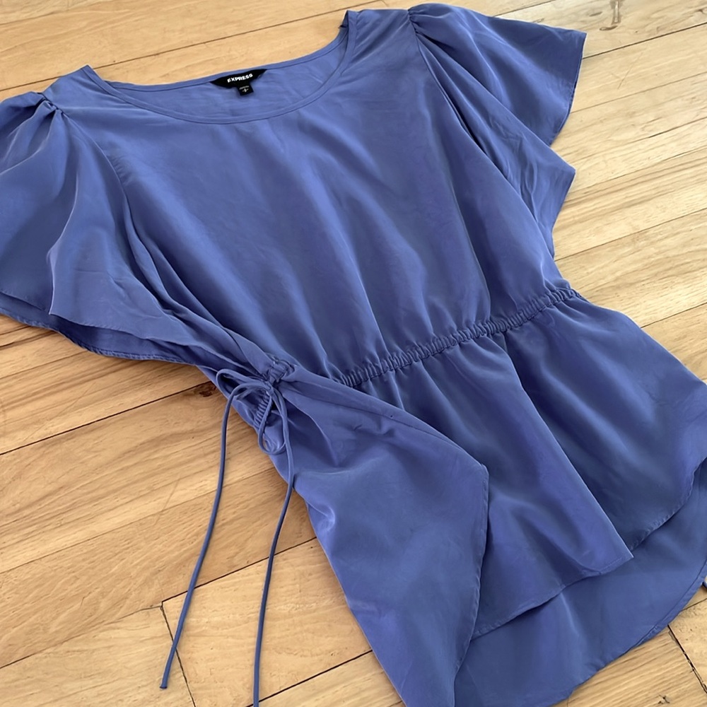 Express Flutter Sleeve Cinched Waist Peplum Top Blue